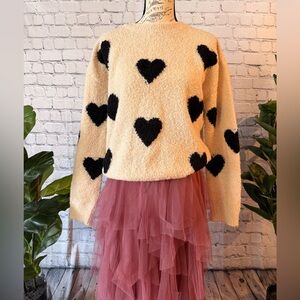 Hem & Thread Heart Pattern Sweater - Cream and Black